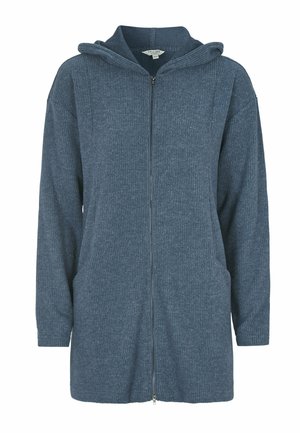 Langer Kapuzencardigan aus dunkelblauem Rippenstoff. Verfügt über einen Frontreißverschluss und zwei seitliche Taschen. Lässige Passform mit überschnittenen Schultern.