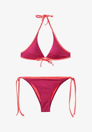 Zweiteiliger Bikini in Dunkelrosa mit leuchtend korallenfarbener Paspel und verstellbaren Riemen zum Binden am Oberteil und an den Seiten des Höschens.