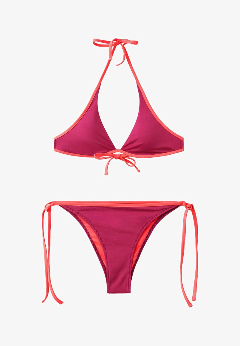 Bikini deux pièces en rose foncé avec bordure corail vif et bretelles à nouer réglables sur le haut et les côtés du bas.