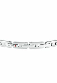 Bracciale in acciaio inossidabile argentato con maglie rettangolari, finitura lucidata, logo "SECTOR" inciso e un dettaglio di accento rosso.