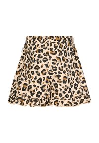Shorts en imprimé léopard beige avec des taches noires et marron. Dotés d'une taille élastique et d'un ourlet froncé en bas. Fabriqués en tissu léger.
