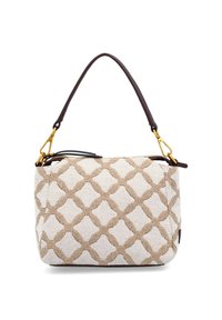 Small beige fabric handbag with a brown interlocking chain pattern, dark brown handle, and gold metal clasps.