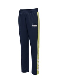Granatowe spodnie sportowe z elastycznym pasem, zielonymi paskami po bokach, białym logo i sportowym wzorem z motywem szewronów po bokach.