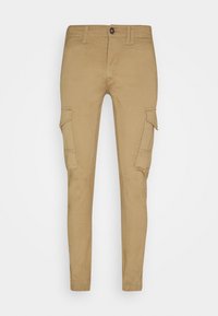 Khaki cargo kalhoty vyrobené z bavlněné směsi, slim fit s dvěma bočními kapsami a náplety na kotnících, s uzávěrem na knoflík v pase.
