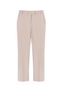 Pantaloni beige chiaro con taglio dritto, pieghe frontali, tasche laterali e una texture liscia. Presentano una vita standard con passanti per la cintura.