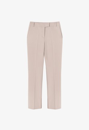 Helle beige Hose mit geradem Schnitt, mit Bundfalten, seitlichen Taschen und glatter Struktur. Verfügt über einen standardmäßigen Bund mit Gürtelschlaufen.