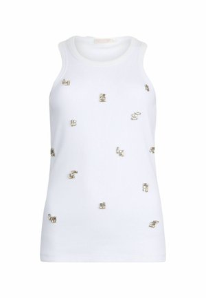 Top bianco senza maniche decorato con embellishments metallici sparsi, caratterizzato da una trama a coste e da un colletto rotondo.