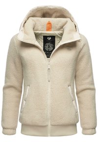 Helle Fleecejacke in Cremefarbe mit Reißverschluss vorne, Kapuze und Seitentaschen. Sie hat eine strukturierte Oberfläche, ein weiches Innenfutter und einen kontrastierenden Reißverschluss.