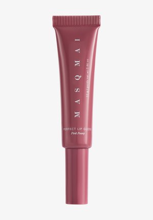 Rør i mauve-rosa af MASQMAI Perfect Lip Gloss i Pink Peony, 11 g, med en ribtastet hætte og cylindrisk applikatorbase.
