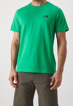 Mężczyzna ubrany w zielony t-shirt z krótkim rękawem i brązowe krótkie spodnie cargo, oba z logo The North Face, stojący z ramionami luźno opuszczonymi wzdłuż ciała.
