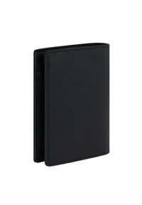 Black leather wallet with a textured finish, bi-fold design, six card slots, visible stitching, and a compact rectangular shape.