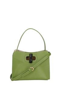 Borsa a tracolla in pelle verde con forma strutturata, manico corto e tracolla rimovibile. Presenta una fibbia nera come accent e bordi cuciti.