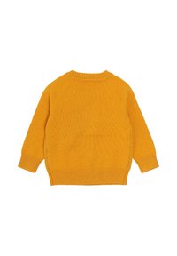Maglione giallo a maglia con maniche raglan, polsini e orlo a costine. Presenta una texture liscia e spacco laterale per facilitare i movimenti.