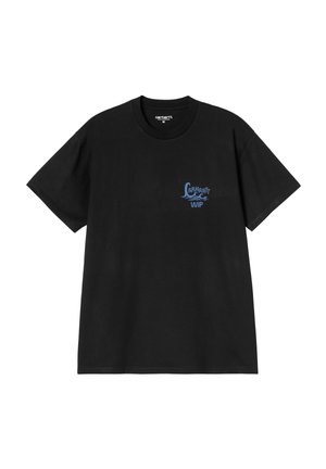 Czarny t-shirt Carhartt WIP z krótkim rękawem, niebieskim logo i grafiką fali na lewej piersi, okrągłym dekoltem i metką w rozmiarze średnim wewnątrz kołnierza.