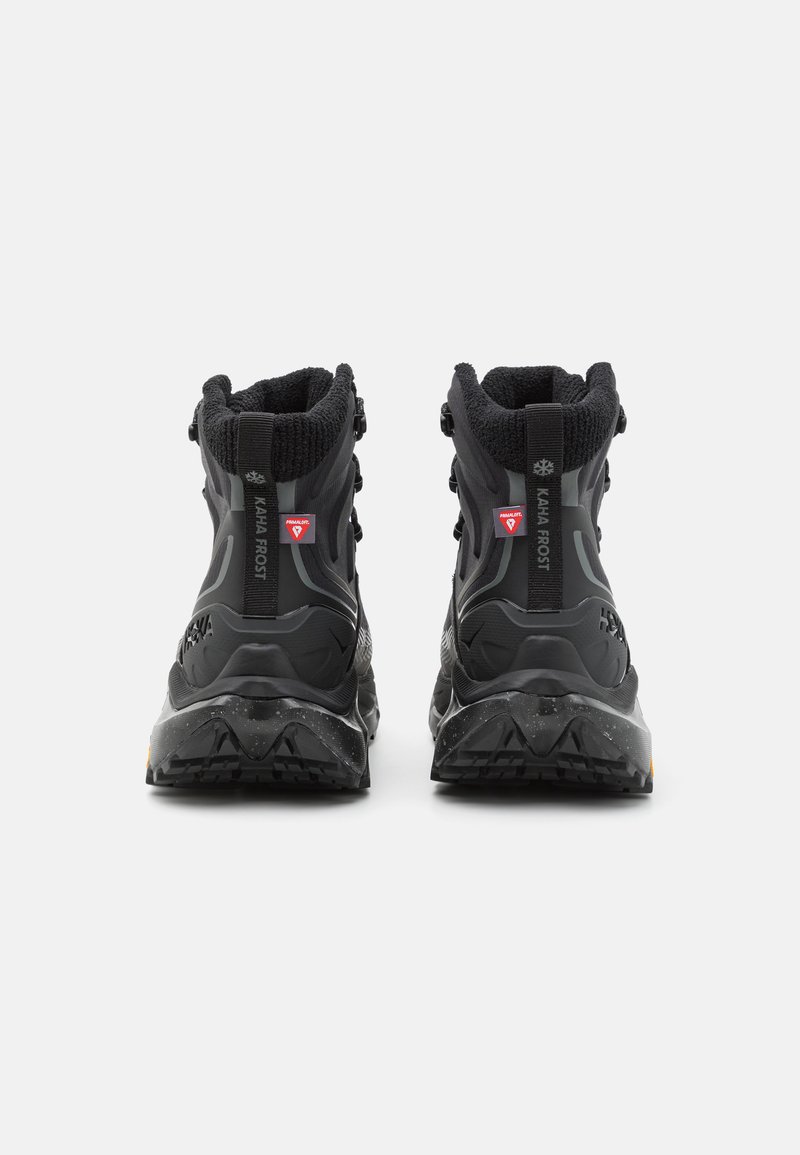 Black hiking boots with high ankle support, textured fabric collar, rubber outsole, and reinforced heel. Features reflective accents.