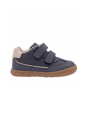 Sneaker per bambini blu navy con tallone beige, due cinturini in velcro, dettagli cuciti e suola in gomma marrone.
