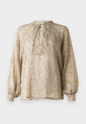 Blouse transparente beige avec imprimé léopard noir, dotée d'un col haut, d'un détail en forme de clef et de longues manches volumineuses avec des poignets froncés.