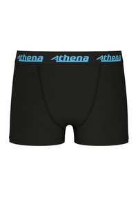 Boxer-briefs noirs en tissu doux, avec une taille élastique portant le logo "Athena" en bleu clair, et des coutures plates pour plus de confort.
