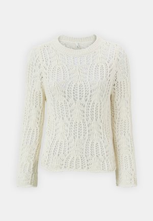 Weißer Spitzenstrickpullover mit langen Ärmeln, Rundhals und filigranen Blattformen. Leichte Textur und offenes Gewebedesign.