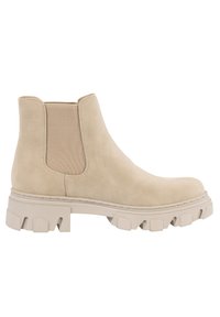 Botte de cheville en suède beige avec un panneau latéral élastique, une semelle en caoutchouc épaisse et des détails texturés sur le dessus.