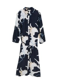Langärmliges Hemdkleid mit Bindegürtel, das abstrakte schwarze, weiße, beige und blaue Blumenmuster auf leichtem Stoff zeigt.