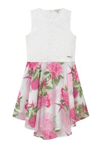 Robe sans manches blanche avec un corsage texturé et une jupe à motif floral dans des tons de rose et de vert, ornée de motifs de coquillages et d'étoiles de mer.