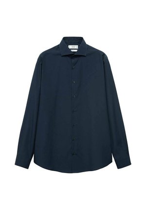 Camisa de manga larga de color navy, con cuello, que presenta un dobladillo recto, placket frontal con botones y una textura de tela suave.
