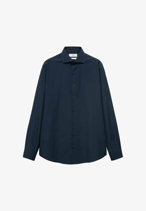Marineblauwe long-sleeve button-up shirt met een kraag, voorzien van een rechte zoom, een knoopsluiting aan de voorkant en een gladde stoftextuur.