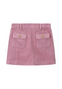 Jupe en velours côtelé rose avec une surface striée texturée, poches avant à rabat et détails de boutons dorés. Comprend des passants de ceinture et a une longueur au-dessus du genou.