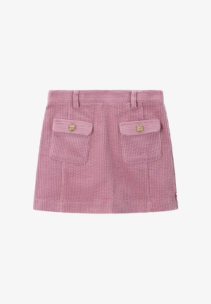 Rosa Cord-Rock mit einer strukturierten Ripp-Oberfläche, vorderen aufgesetzten Taschen und goldenen Knopfdetails. Mit Gürtelschlaufen und einer Länge über dem Knie.
