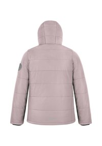 Pinke gesteppte Jacke mit Kapuze, vertikalen Nähten, einem Logopatch am linken Ärmel und elastischen Bündchen an den Ärmeln.