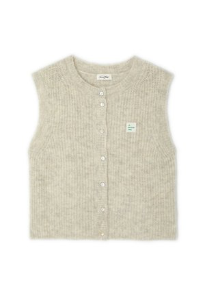Short sleeveless cardigan in light beige knit with a ribbed texture, featuring front buttons and a small green label on the left side.