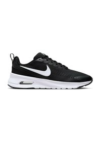 Chaussure de sport noire avec une tige en mesh respirant, un logo Nike blanc, un col rembourré et une semelle intermédiaire blanche avec un amorti à air.