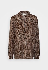 Camicia a maniche lunghe con bottoni, stampa leopardata nei toni del marrone, nero e beige, con colletto classico e polsini elasticizzati.