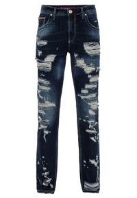 Dunkelblaue Denim-Jeans mit schmaler Passform, die beschädigte Stellen und ausgefranste Kanten aufweisen. Standard-Fünf-Taschen-Design mit Metallbesatz.