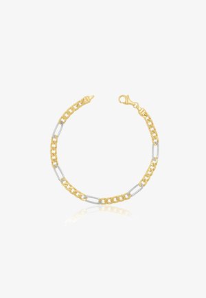 Bracciale in oro e argento con maglie alternative, dotato di chiusura a moschettone e finitura lucida per un aspetto elegante.