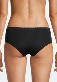 Black cotton hipster briefs feature a smooth texture with a lace trim along the waistband, showcasing a simple, clean design.