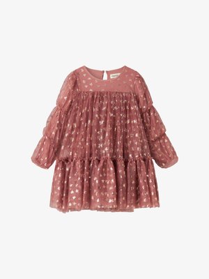 Rosa tylkjole med gullstjeremønster, lange pufferm og volangkant. Ryggen har knappelukking, myk tekstur og lagdelt design.