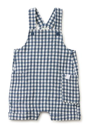 Blau-weiß kariertes Baby-Strampler mit gekreuzten Schultergurten, zwei Knöpfen vorne und seitlichen Taschen.