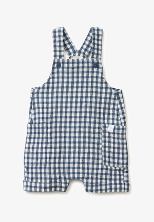 Blau-weiß kariertes Baby-Strampler mit gekreuzten Schultergurten, zwei Knöpfen vorne und seitlichen Taschen.