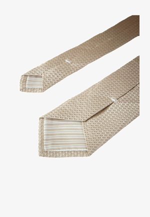 Beige gewobene Krawatte mit einem strukturierten Muster. Die Enden sind mit einem gestreiften Stoff gefasst, der hellere und dunklere horizontale Streifen aufweist.