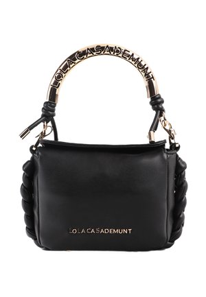 Black leather handbag with a structured shape, braided detailing on the sides, and a gold-tone logo-embellished handle.