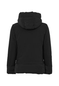 Giubbotto puffa nero in materiale sintetico, con cappuccio staccabile e polsini in elastico. Texture liscia senza motivi o dettagli visibili.