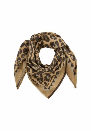 Écharpe marron clair ornée d'un imprimé léopard noir et d'un motif géométrique. Bords frangés pour ajouter de la texture. Tissu doux avec une forme triangulaire.