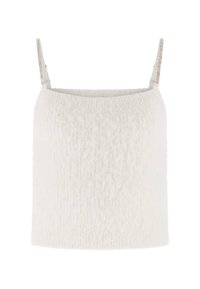White knit top with a soft texture, featuring thin straps adorned with metallic accents. Straight-cut design with no visible fastenings.