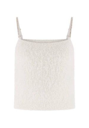 Haut en tricot blanc au toucher doux, avec des fines bretelles ornées d'accents métalliques. Design droit sans fermetures visibles.
