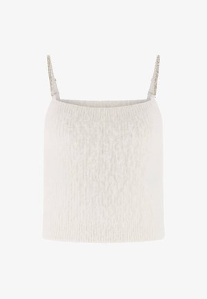 Balta mezginė palaidinė su minkšta tekstūra, su plonomis petnešomis, dekoruotomis metaliniais akcentais. Tiesaus kirpimo dizainas be matomų užsidarymo detalių.