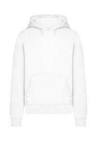 White pullover hoodie made of soft fabric, featuring a front kangaroo pocket, drawstring hood, and ribbed cuffs and hem.
