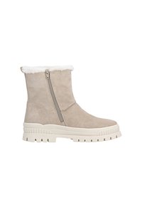 Beige Wildlederstiefel bis zur Mitte der Waden mit einem Kunstfellbesatz, seitlichem Reißverschluss und einer massiven weißen Gummisohle, die ein strukturiertes Muster aufweist.
