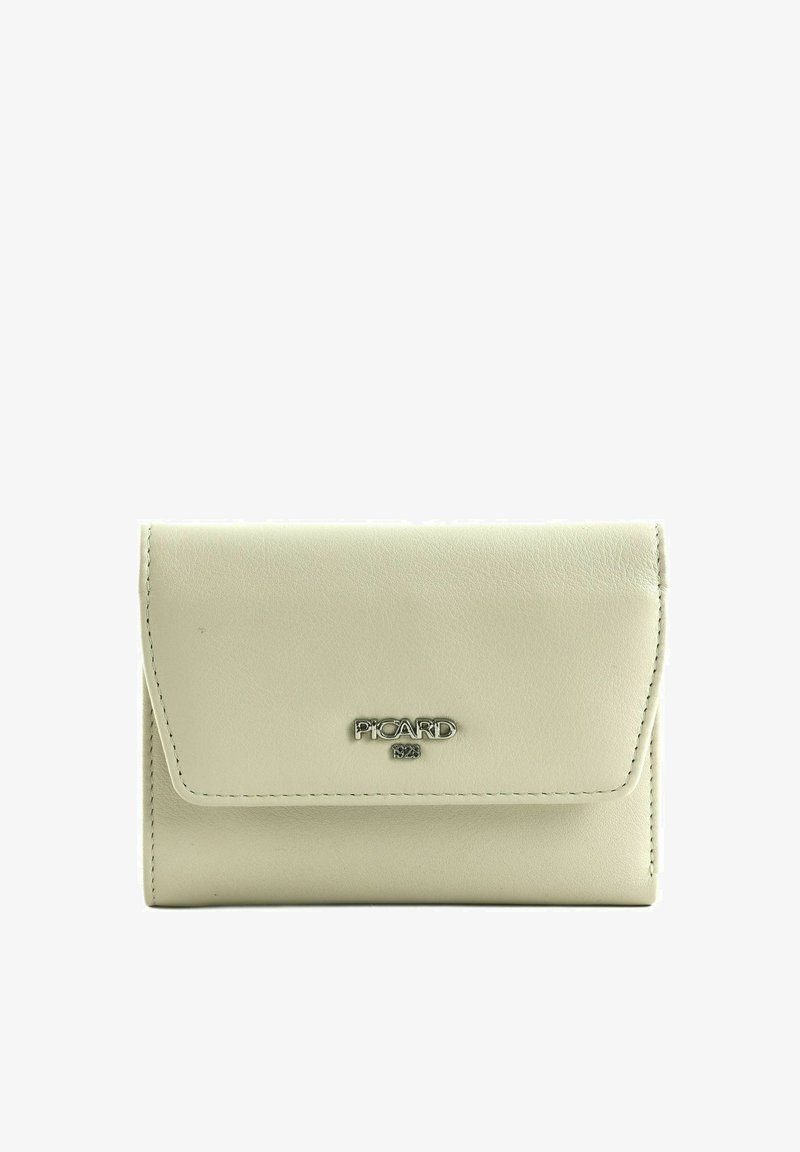 Portafoglio in pelle beige chiaro con una texture liscia, dotato di chiusura a scatto magnetico e logo "PICARD" in argento sulla parte anteriore.